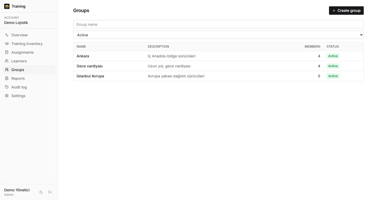 Groups: Groups by region or shift; assign a course to a whole group at once.